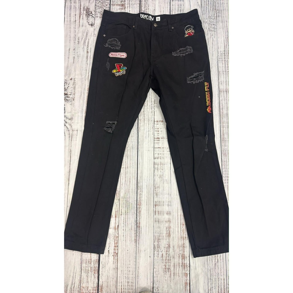 Born Fly Mens Black Distressed Patchwork Streetwear Denim Jeans Size‎ 36